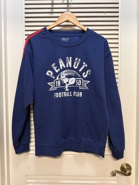 Peanuts Men's Navy Crewneck Sweatshirt with Red Shoulder Stripe